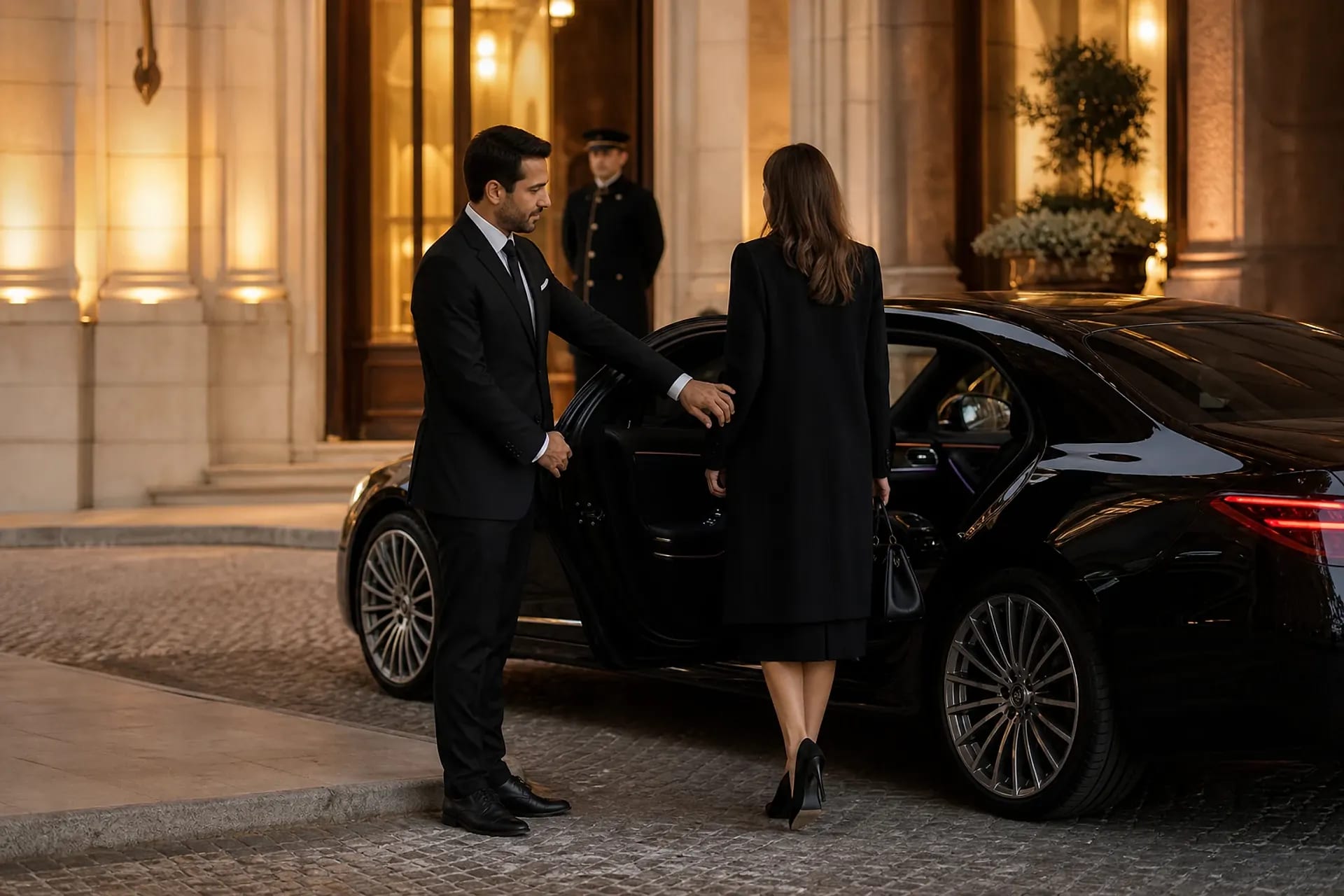Professional chauffeur opening a premium vehicle at a private arrival